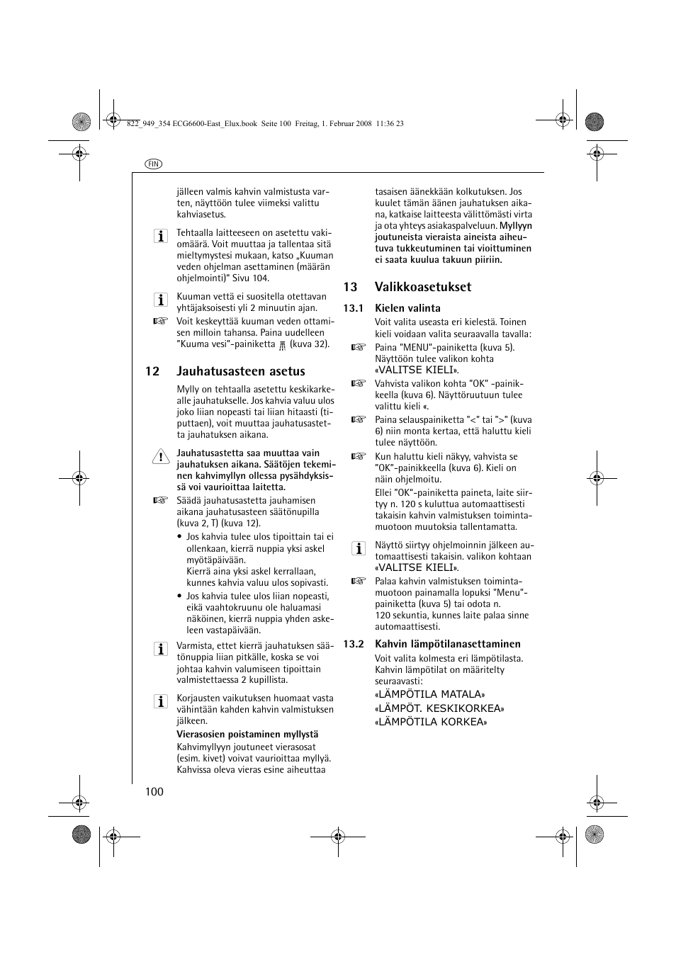 12 jauhatusasteen asetus, 13 valikkoasetukset | Electrolux ECG6600 User Manual | Page 100 / 616