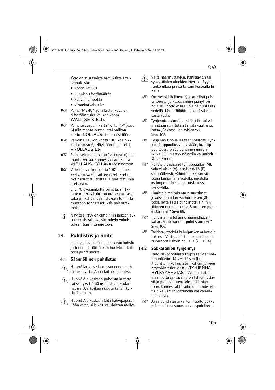 14 puhdistus ja hoito | Electrolux ECG6600 User Manual | Page 105 / 616