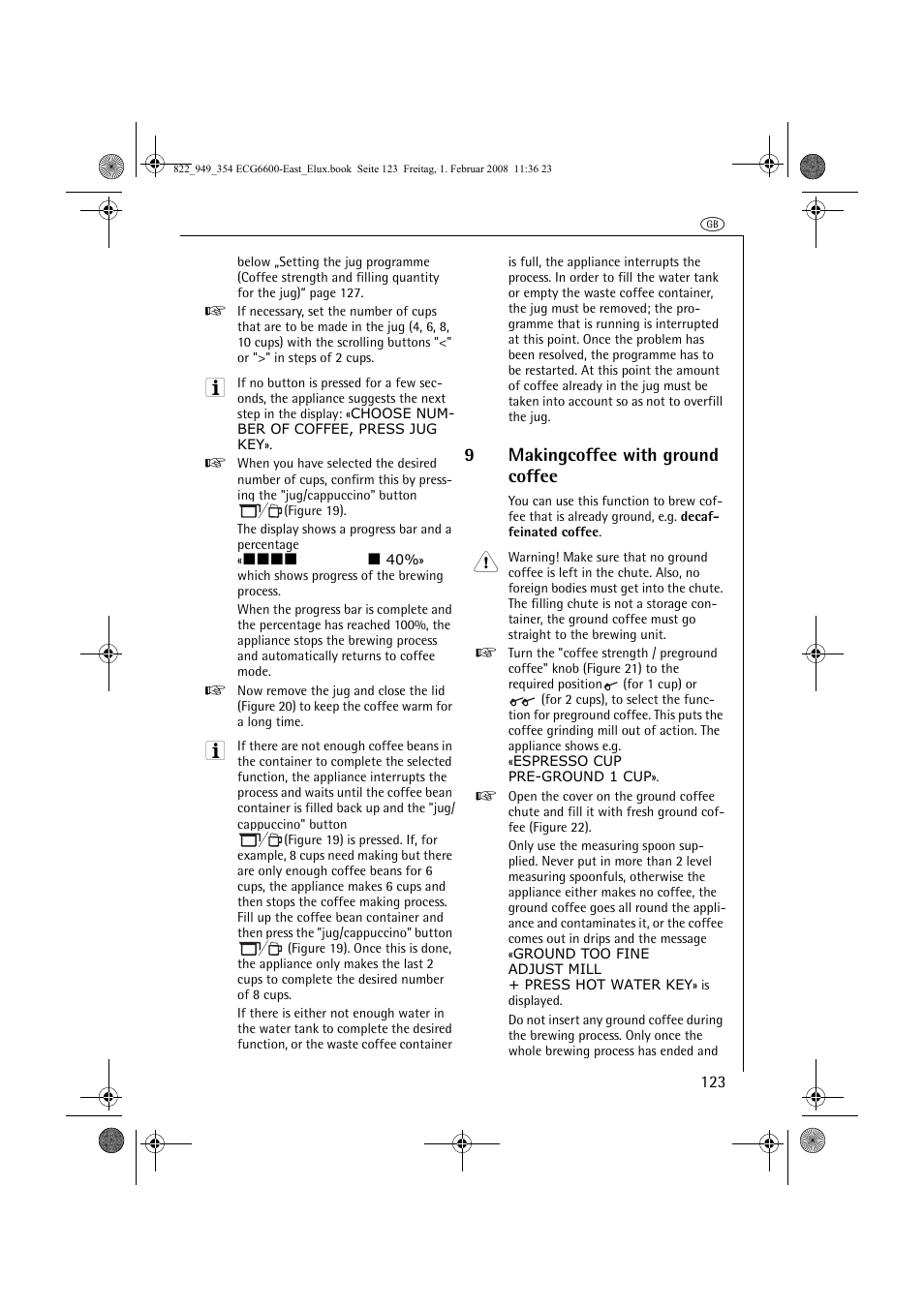 9makingcoffee with ground coffee | Electrolux ECG6600 User Manual | Page 123 / 616