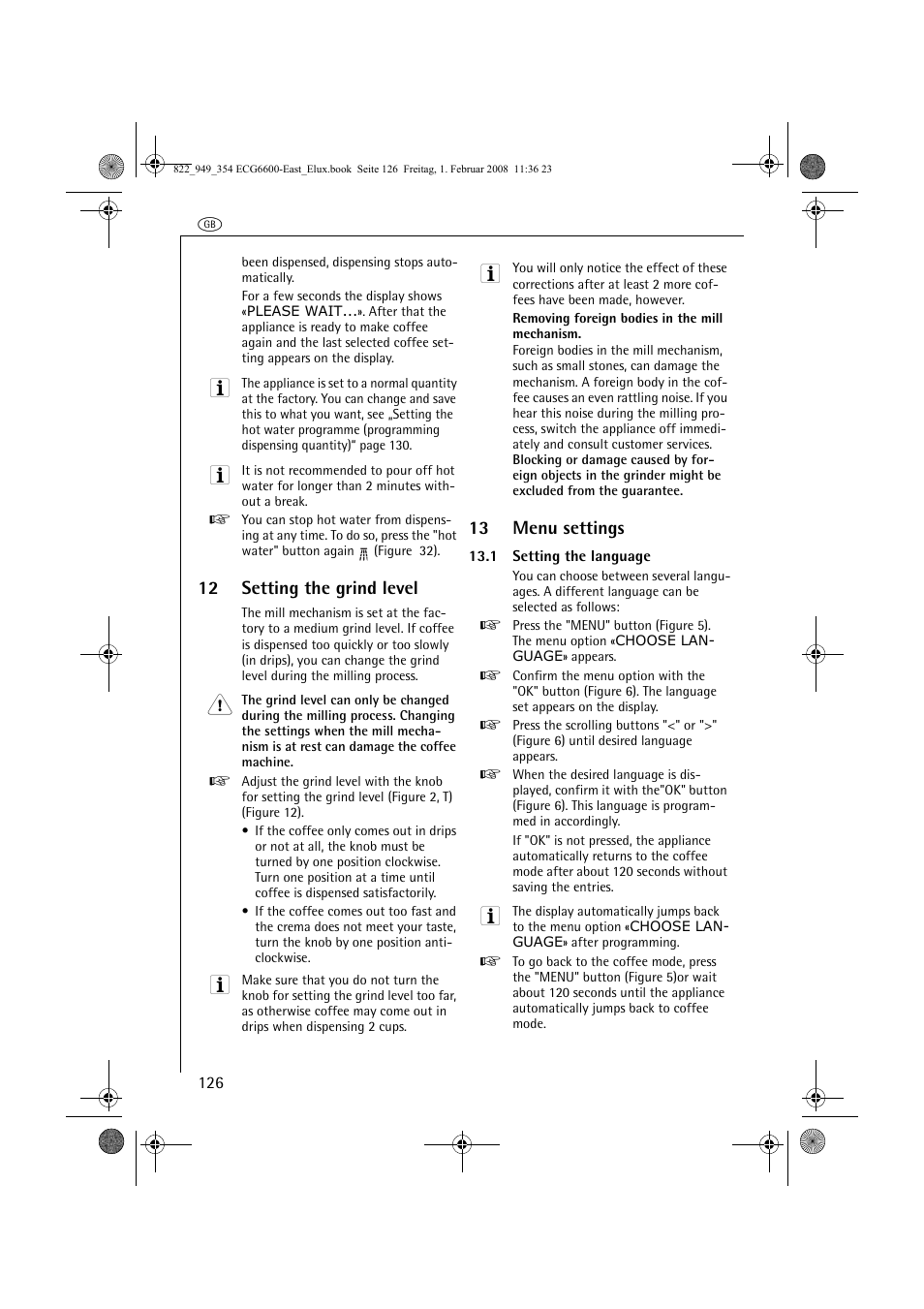 12 setting the grind level, 13 menu settings | Electrolux ECG6600 User Manual | Page 126 / 616