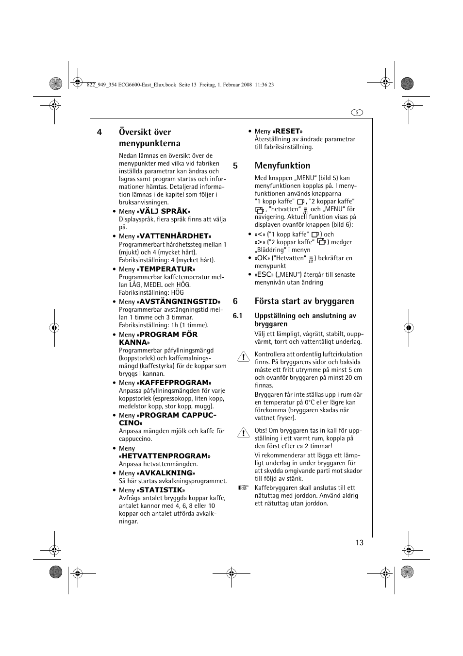 4översikt över menypunkterna, 5menyfunktion, 6första start av bryggaren | Electrolux ECG6600 User Manual | Page 13 / 616