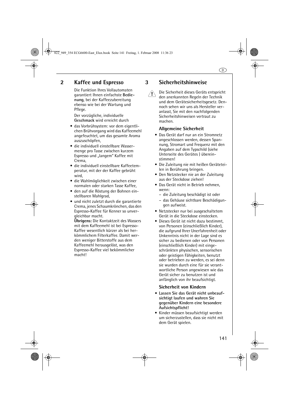 2kaffee und espresso, 3sicherheitshinweise 1 | Electrolux ECG6600 User Manual | Page 141 / 616