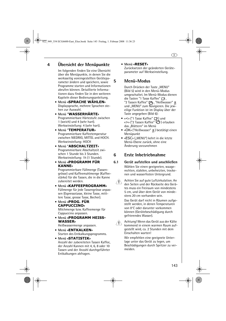 4übersicht der menüpunkte, 5menü-modus, 6erste inbetriebnahme | Electrolux ECG6600 User Manual | Page 143 / 616