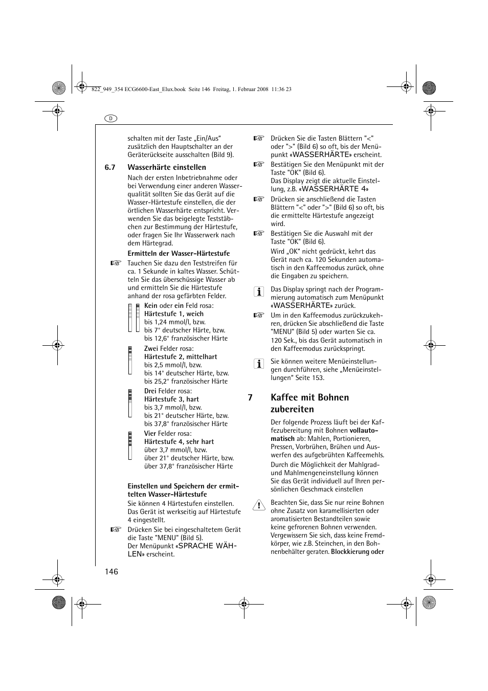 7kaffee mit bohnen zubereiten | Electrolux ECG6600 User Manual | Page 146 / 616