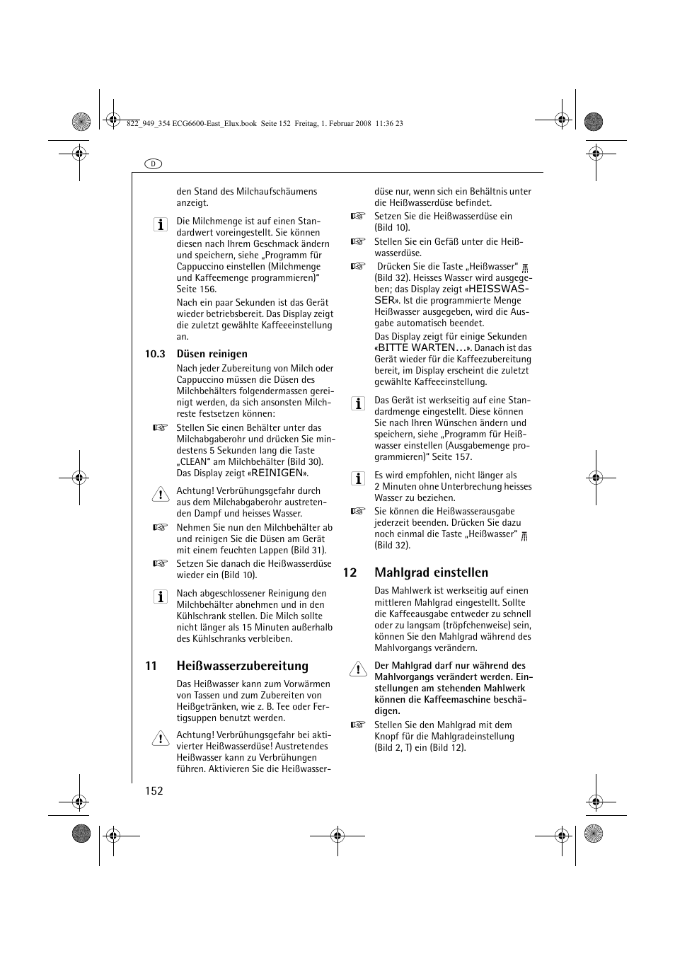 11 heißwasserzubereitung, 12 mahlgrad einstellen | Electrolux ECG6600 User Manual | Page 152 / 616