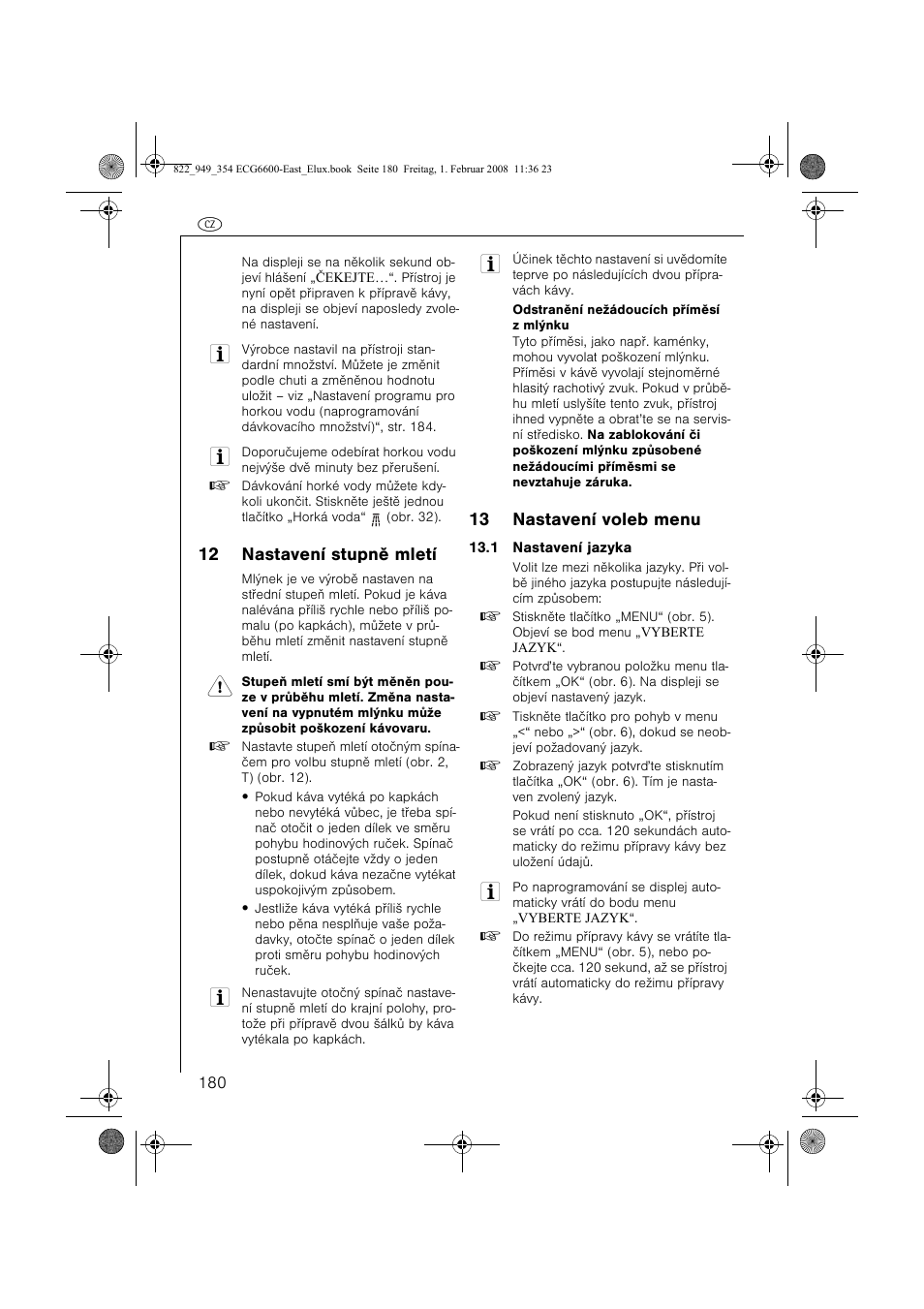 12 nastavení stupnì mletí, 13 nastavení voleb menu | Electrolux ECG6600 User Manual | Page 180 / 616