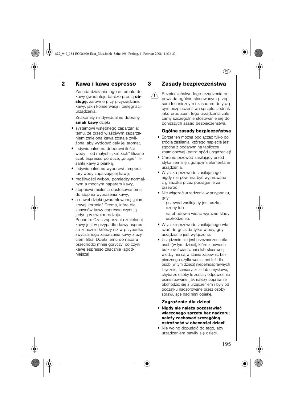 2kawa i kawa espresso, 3zasady bezpieczeñstwa 1 | Electrolux ECG6600 User Manual | Page 195 / 616