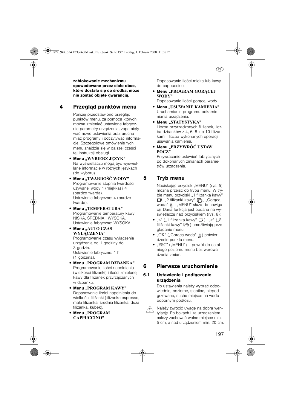 4przegl¹d punktów menu, 5tryb menu, 6pierwsze uruchomienie | Electrolux ECG6600 User Manual | Page 197 / 616