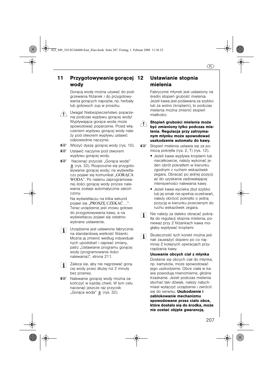 11 przygotowywanie gor¹cej wody, 12 ustawianie stopnia mielenia | Electrolux ECG6600 User Manual | Page 207 / 616