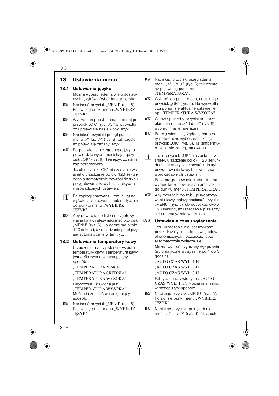 13 ustawienia menu | Electrolux ECG6600 User Manual | Page 208 / 616