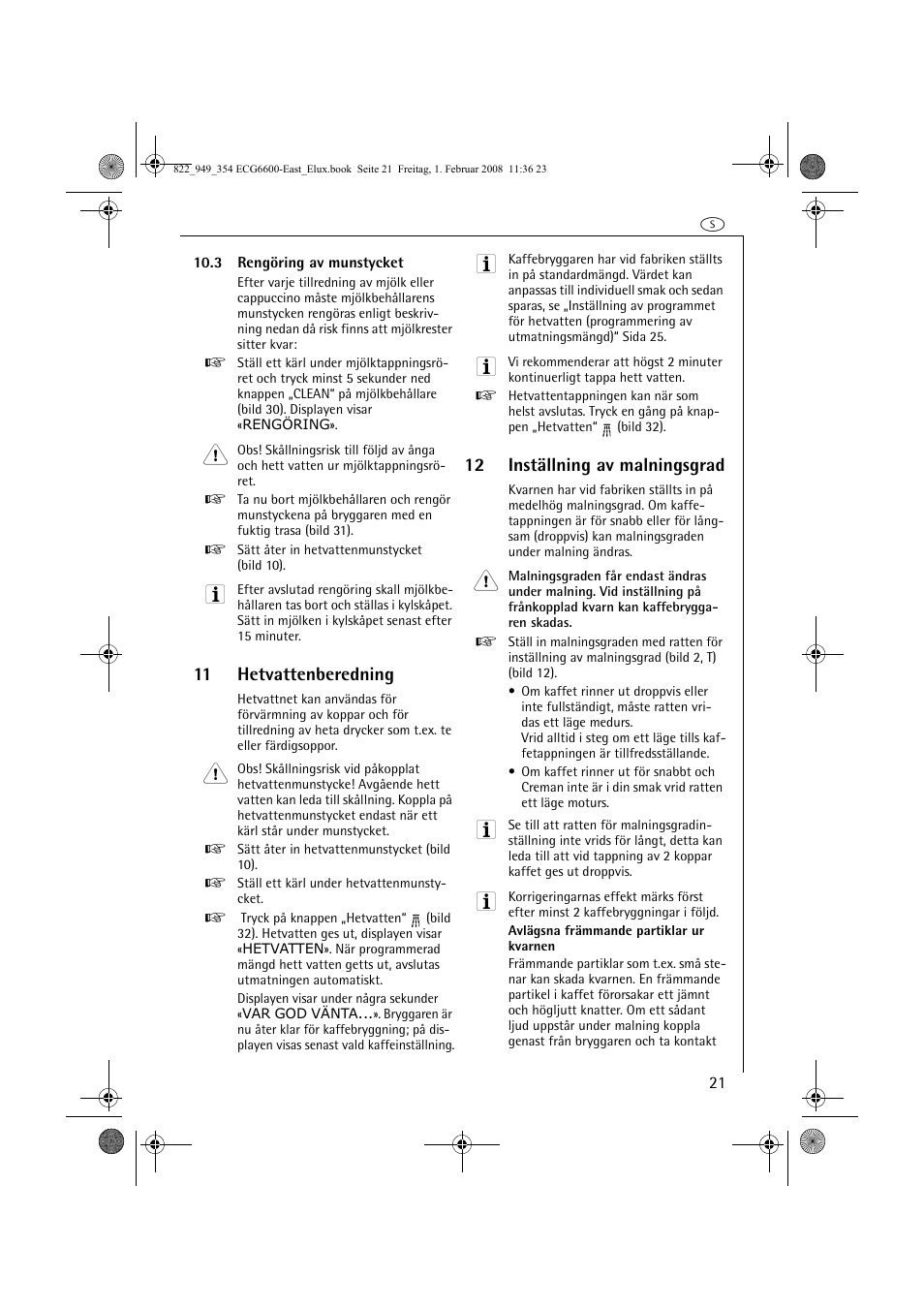 11 hetvattenberedning, 12 inställning av malningsgrad | Electrolux ECG6600 User Manual | Page 21 / 616