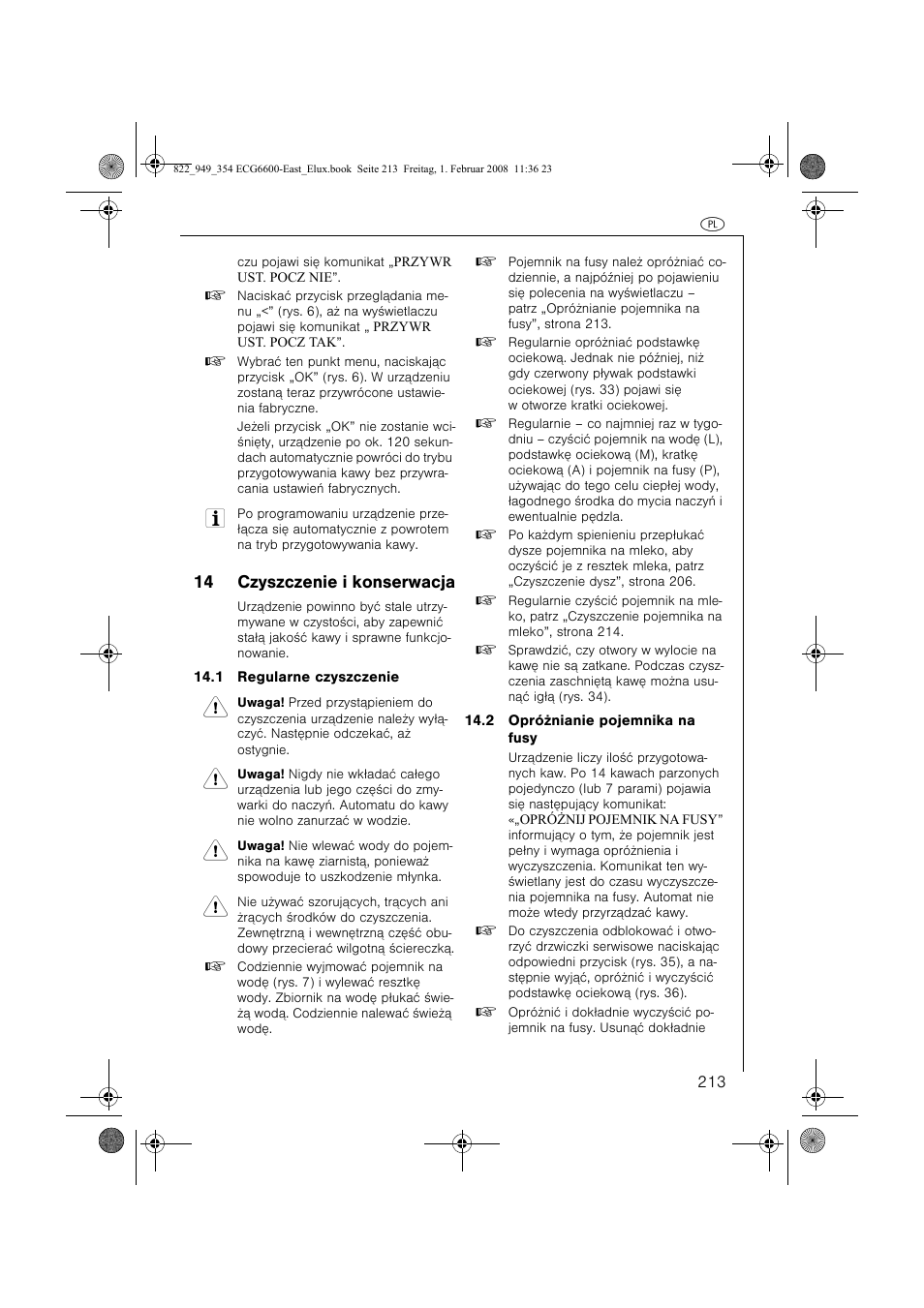 14 czyszczenie i konserwacja | Electrolux ECG6600 User Manual | Page 213 / 616