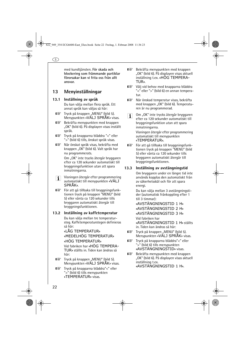 13 menyinställningar | Electrolux ECG6600 User Manual | Page 22 / 616