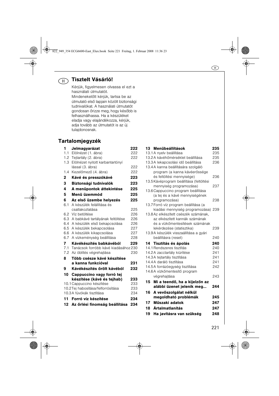 Tisztelt vásárló, Tartalomjegyzék | Electrolux ECG6600 User Manual | Page 221 / 616