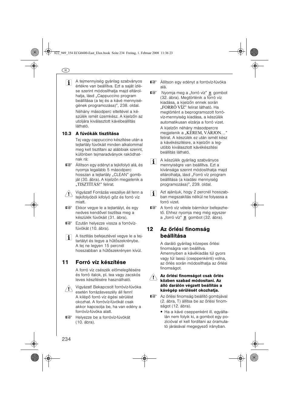 11 forró víz készítése, 12 az õrlési finomság beállítása | Electrolux ECG6600 User Manual | Page 234 / 616