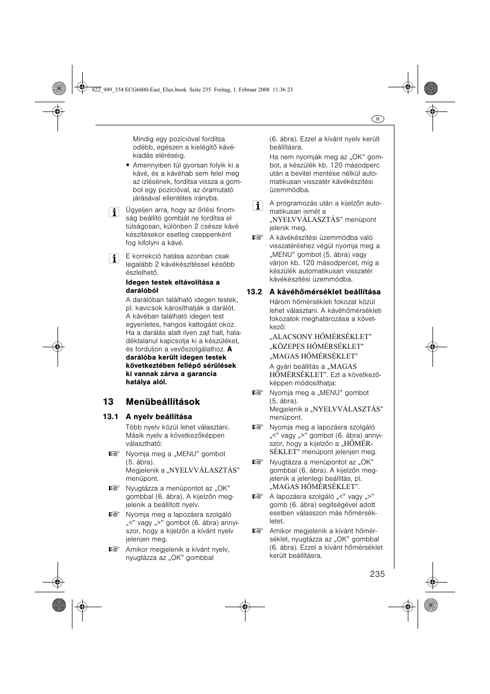 13 menübeállítások | Electrolux ECG6600 User Manual | Page 235 / 616