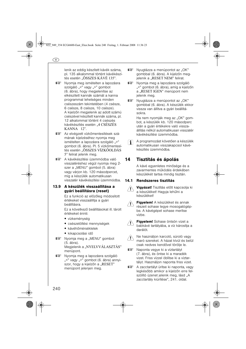 14 tisztítás és ápolás | Electrolux ECG6600 User Manual | Page 240 / 616