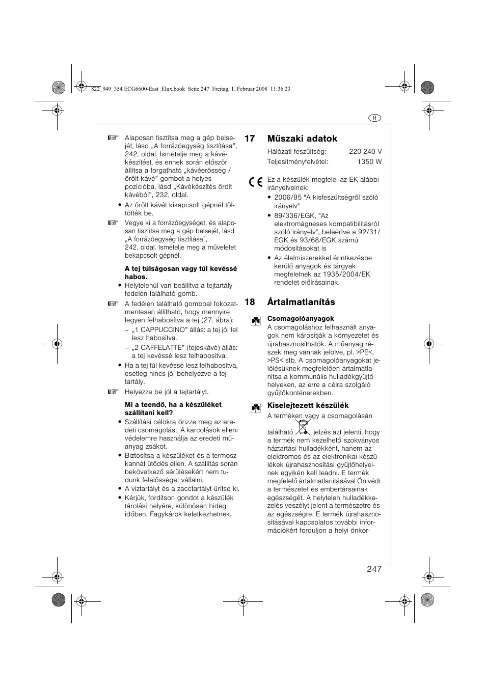 17 mûszaki adatok, 18 ártalmatlanítás 2 | Electrolux ECG6600 User Manual | Page 247 / 616