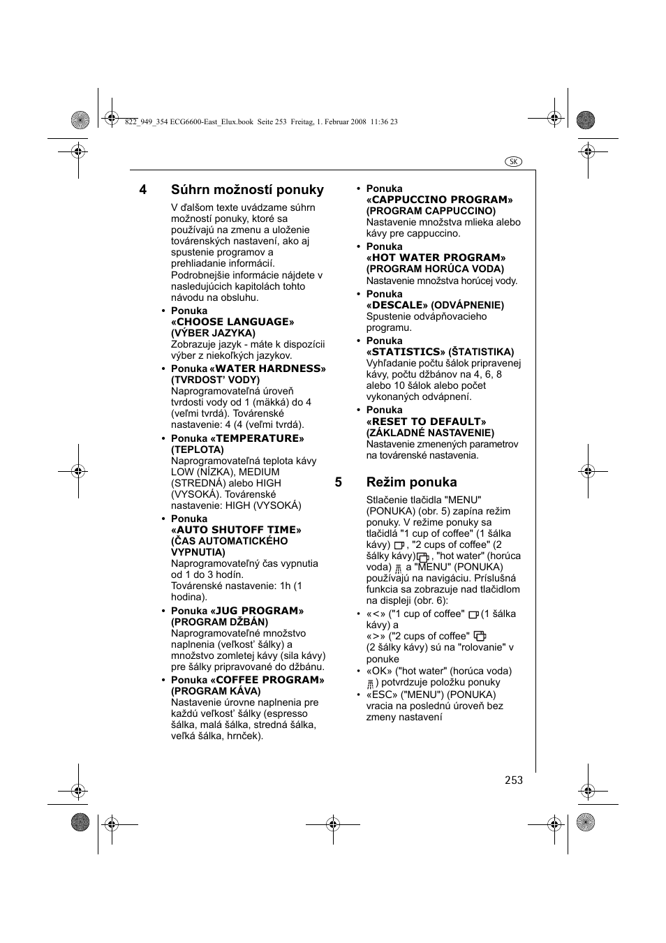 4súhrn možností ponuky, 5režim ponuka | Electrolux ECG6600 User Manual | Page 253 / 616