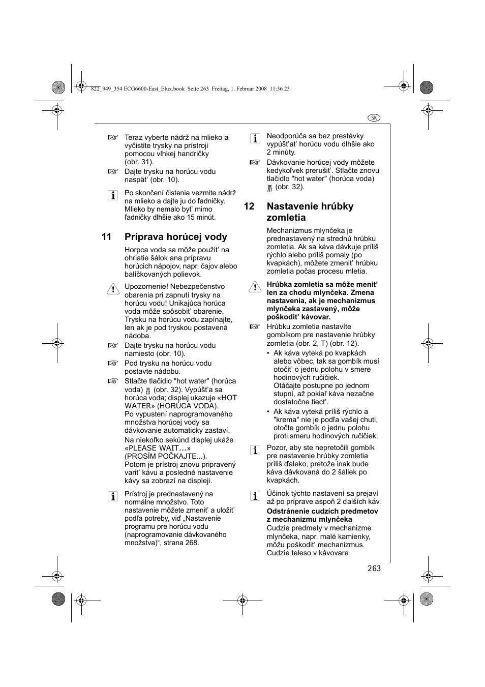 11 príprava horúcej vody, 12 nastavenie hrúbky zomletia | Electrolux ECG6600 User Manual | Page 263 / 616