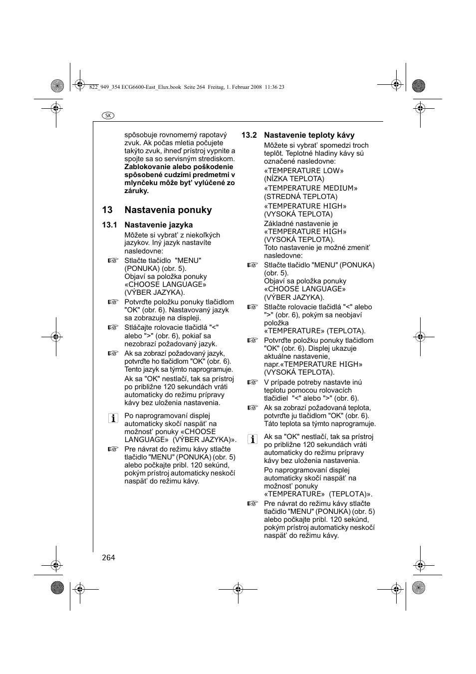 13 nastavenia ponuky | Electrolux ECG6600 User Manual | Page 264 / 616