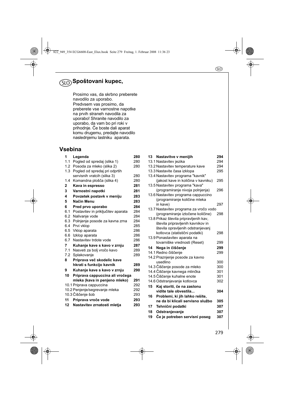 Spoštovani kupec, Vsebina | Electrolux ECG6600 User Manual | Page 279 / 616