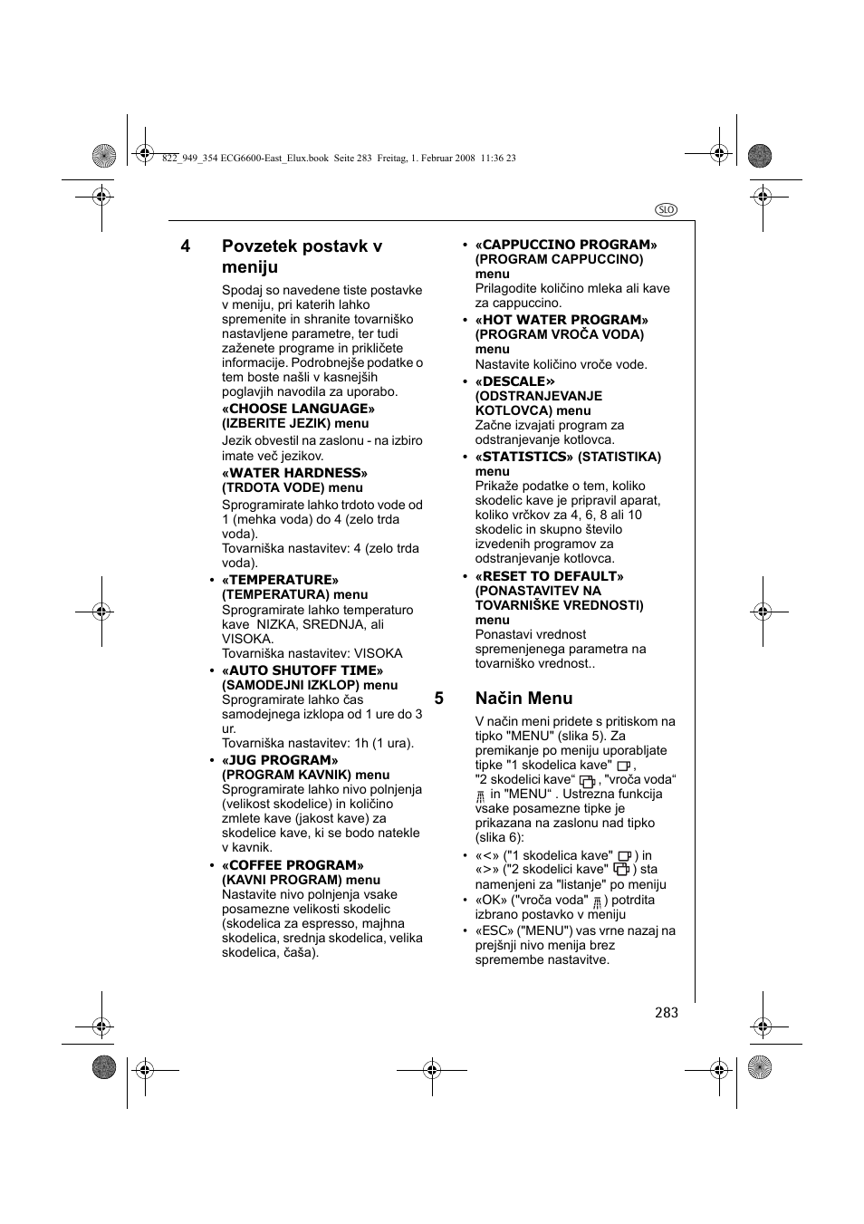 4povzetek postavk v meniju, 5način menu | Electrolux ECG6600 User Manual | Page 283 / 616