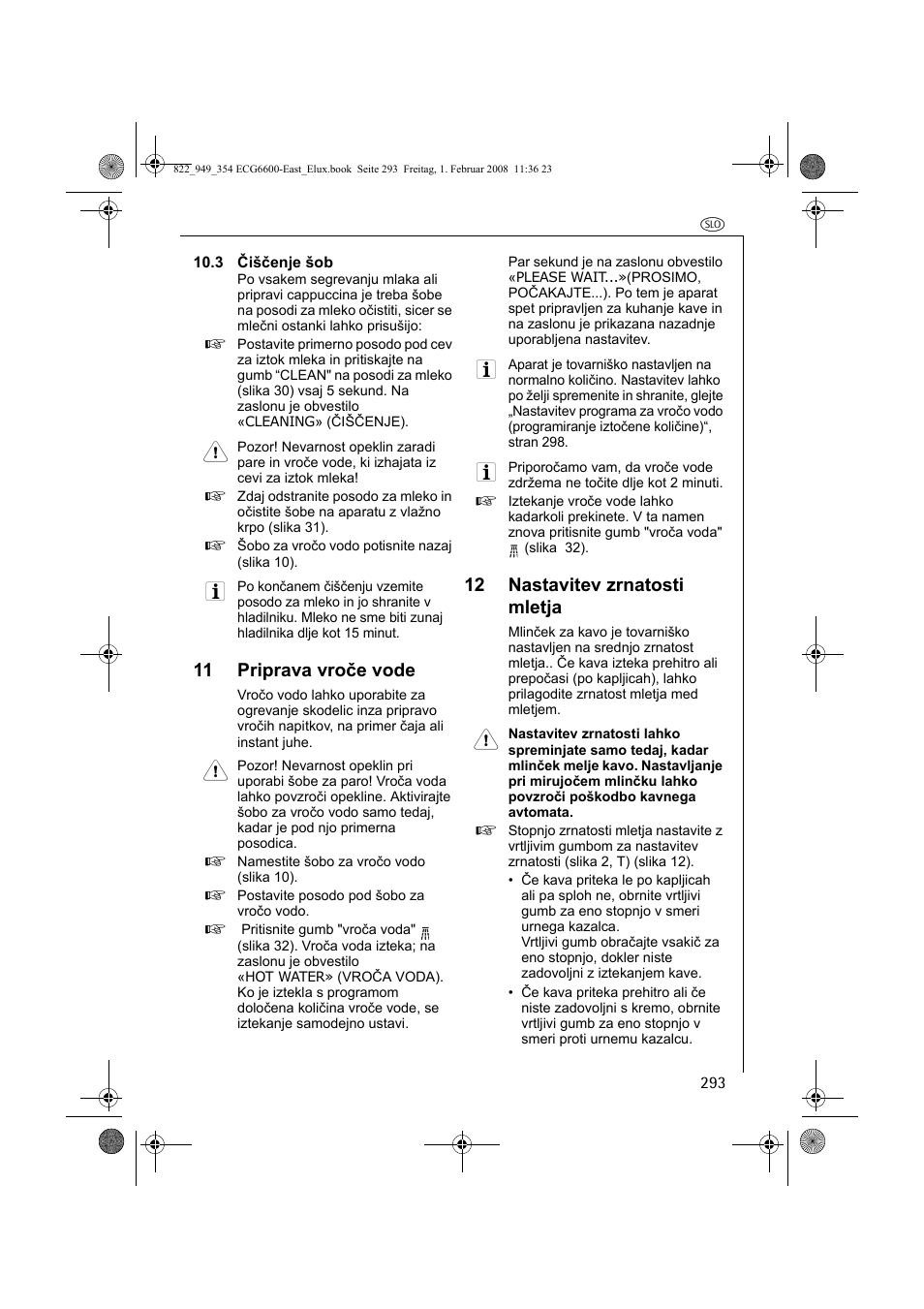 11 priprava vroče vode, 12 nastavitev zrnatosti mletja | Electrolux ECG6600 User Manual | Page 293 / 616