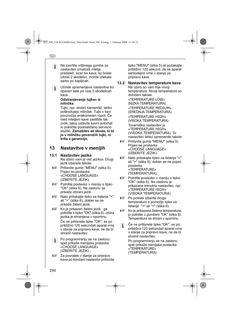 13 nastavitve v menijih | Electrolux ECG6600 User Manual | Page 294 / 616