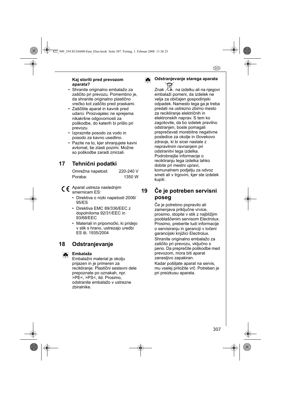 17 tehnični podatki, 18 odstranjevanje 2, 19 če je potreben servisni poseg | Electrolux ECG6600 User Manual | Page 307 / 616