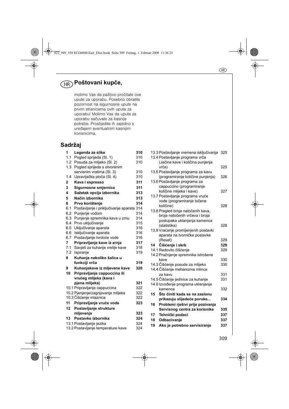 Poštovani kupče, Sadržaj | Electrolux ECG6600 User Manual | Page 309 / 616