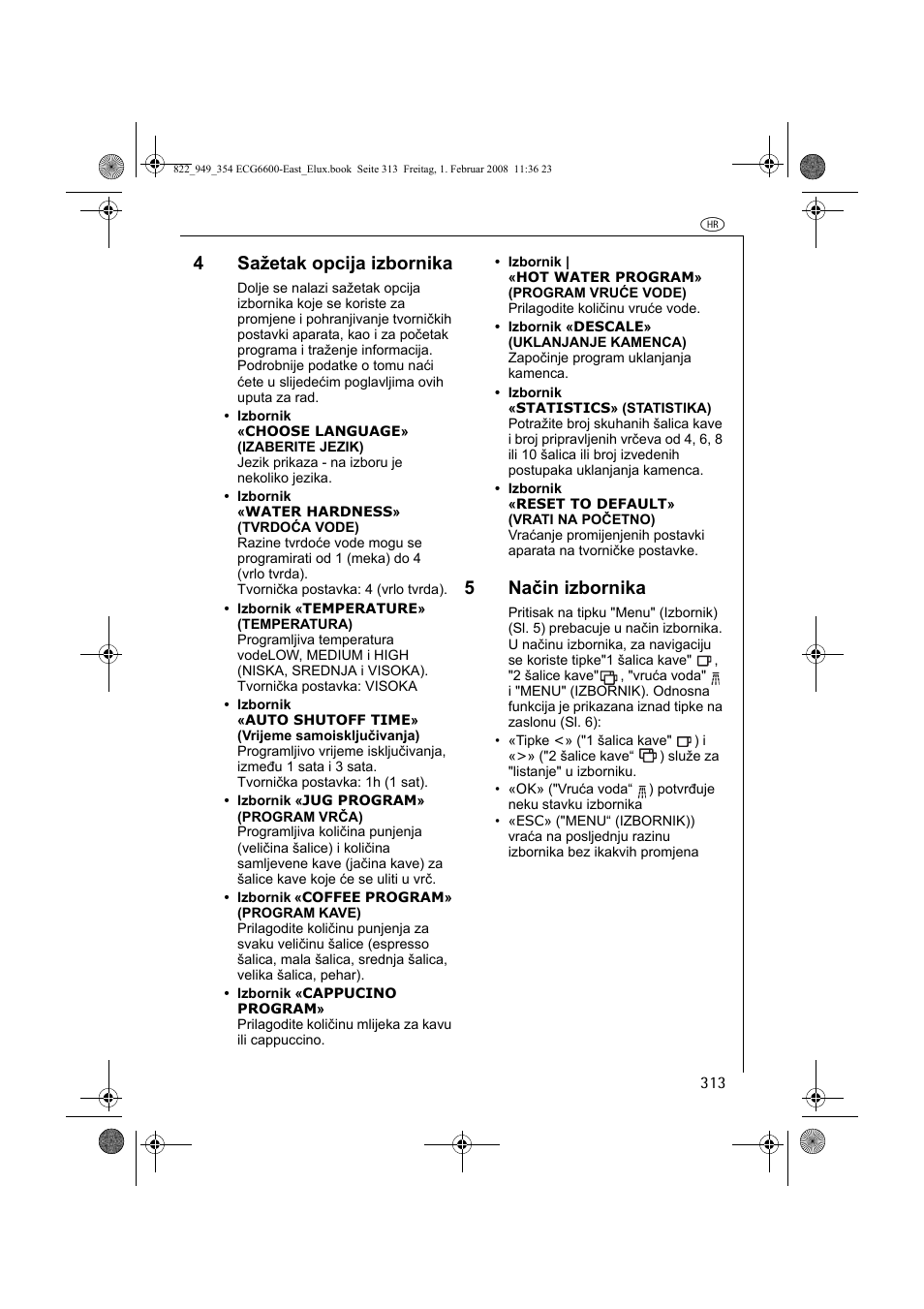 4sažetak opcija izbornika, 5način izbornika | Electrolux ECG6600 User Manual | Page 313 / 616