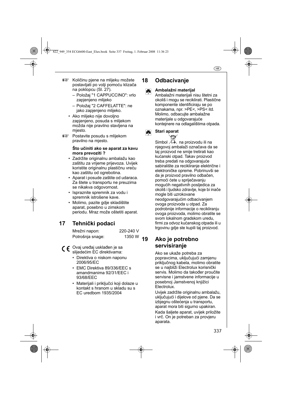 17 tehnički podaci, 18 odbacivanje 2, 19 ako je potrebno servisiranje | Electrolux ECG6600 User Manual | Page 337 / 616