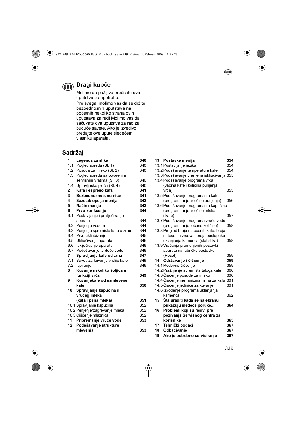 Dragi kupče, Sadržaj | Electrolux ECG6600 User Manual | Page 339 / 616