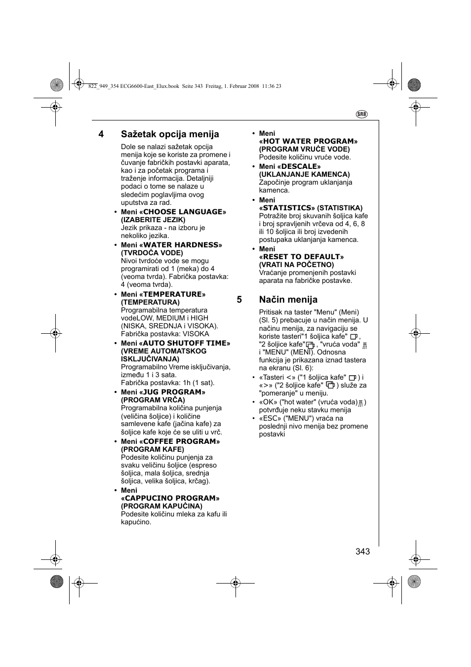 4sažetak opcija menija, 5način menija | Electrolux ECG6600 User Manual | Page 343 / 616