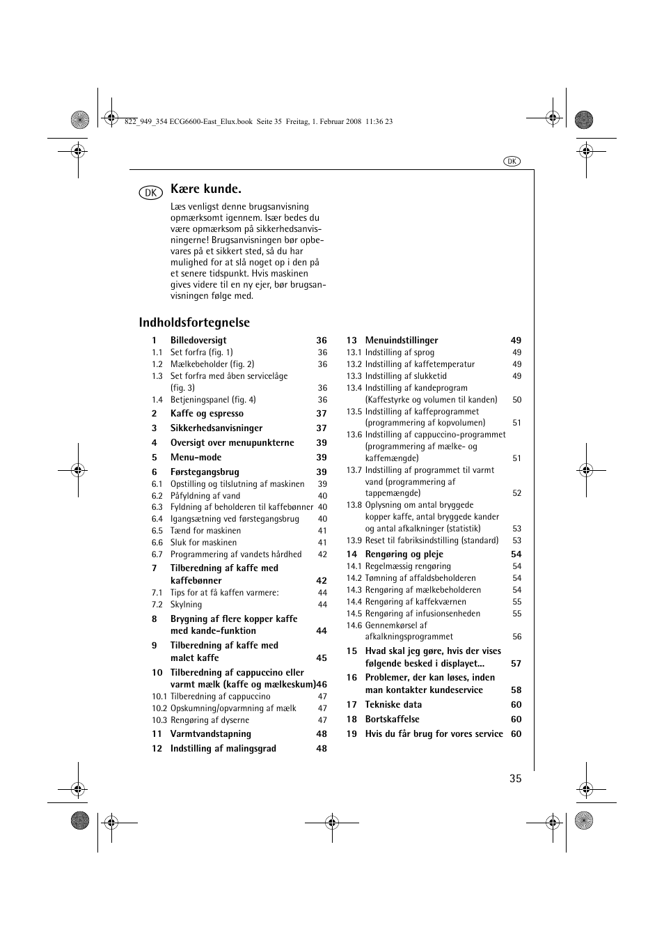 Kære kunde, Indholdsfortegnelse | Electrolux ECG6600 User Manual | Page 35 / 616