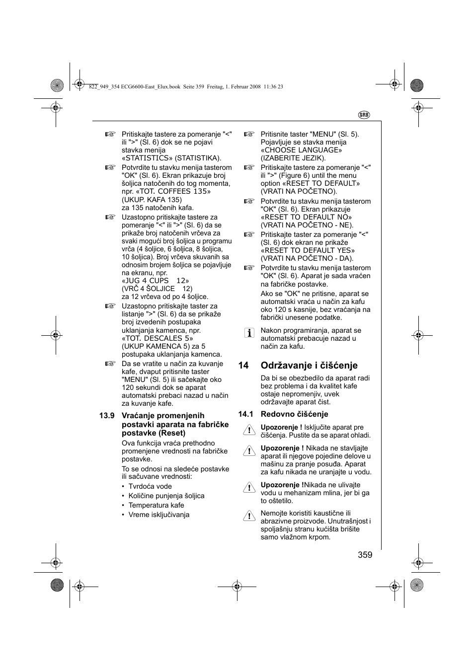 14 održavanje i čišćenje | Electrolux ECG6600 User Manual | Page 359 / 616