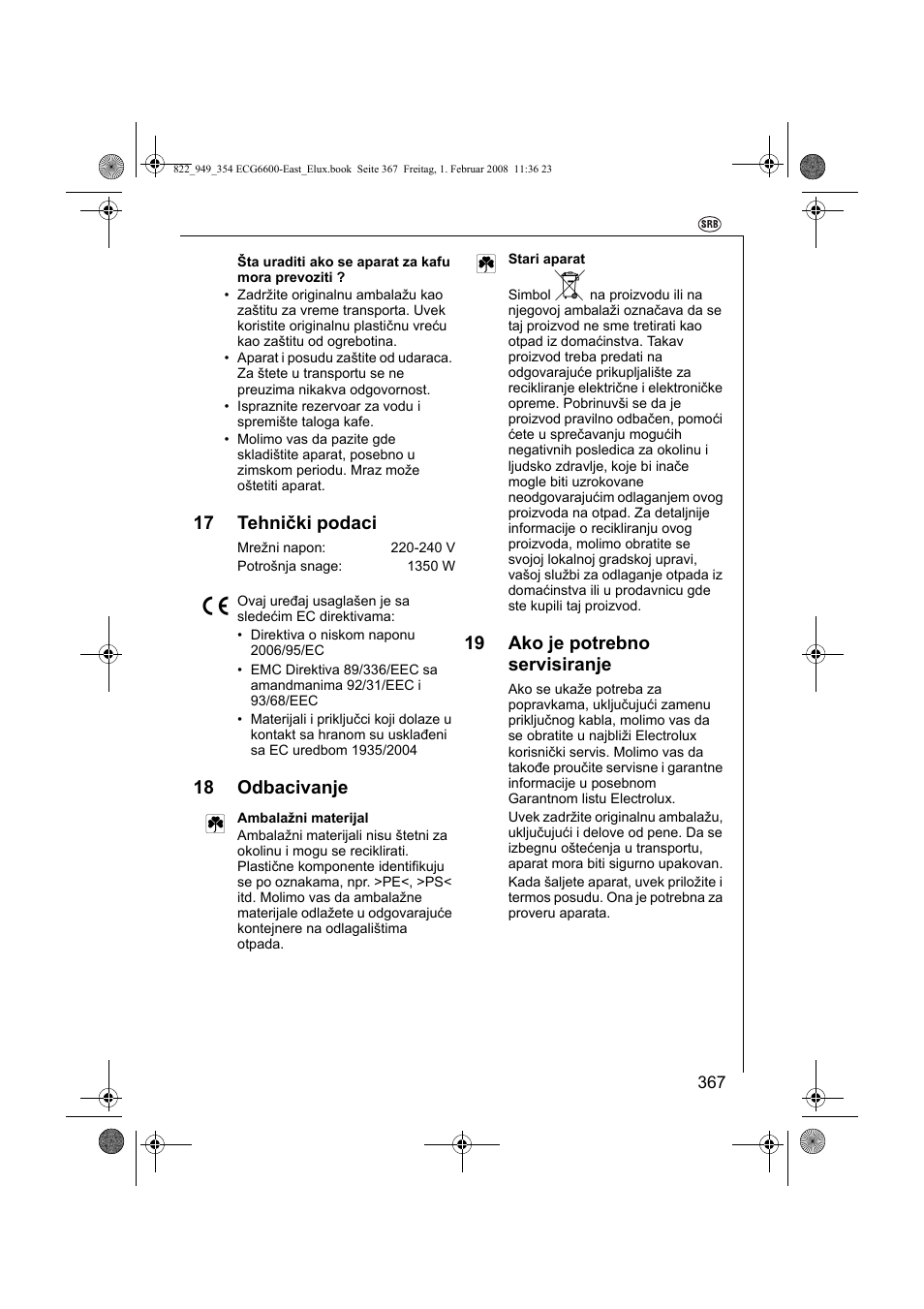 17 tehnički podaci, 18 odbacivanje 2, 19 ako je potrebno servisiranje | Electrolux ECG6600 User Manual | Page 367 / 616