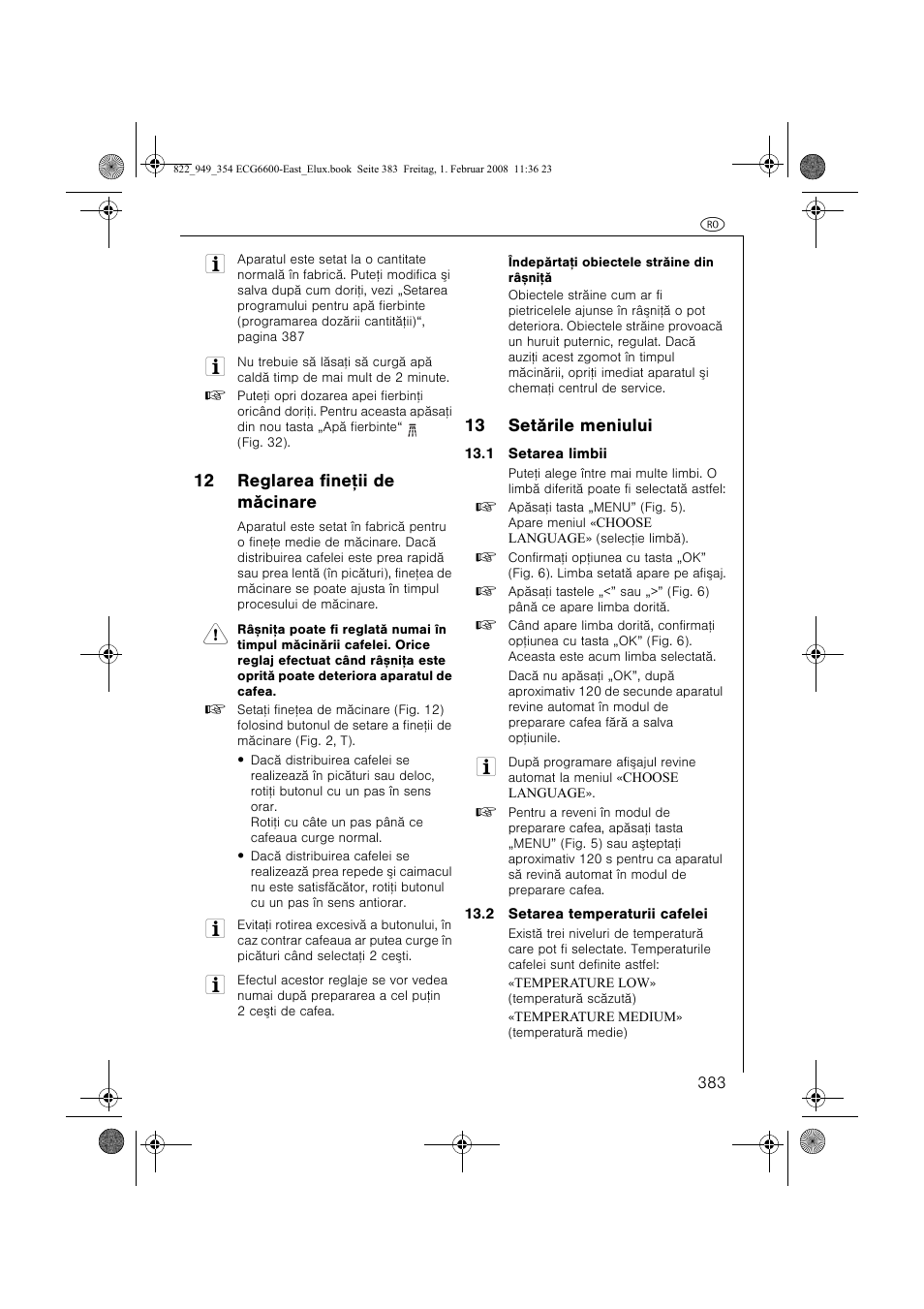 12 reglarea fineþii de mãcinare, 13 setãrile meniului | Electrolux ECG6600 User Manual | Page 383 / 616