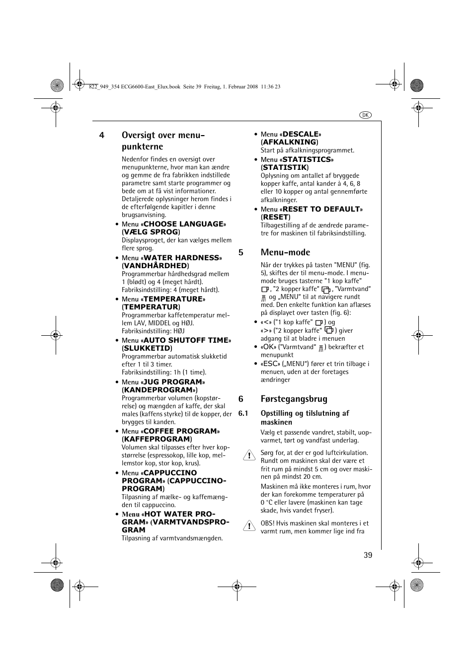 4oversigt over menu- punkterne, 5menu-mode, 6førstegangsbrug | Electrolux ECG6600 User Manual | Page 39 / 616