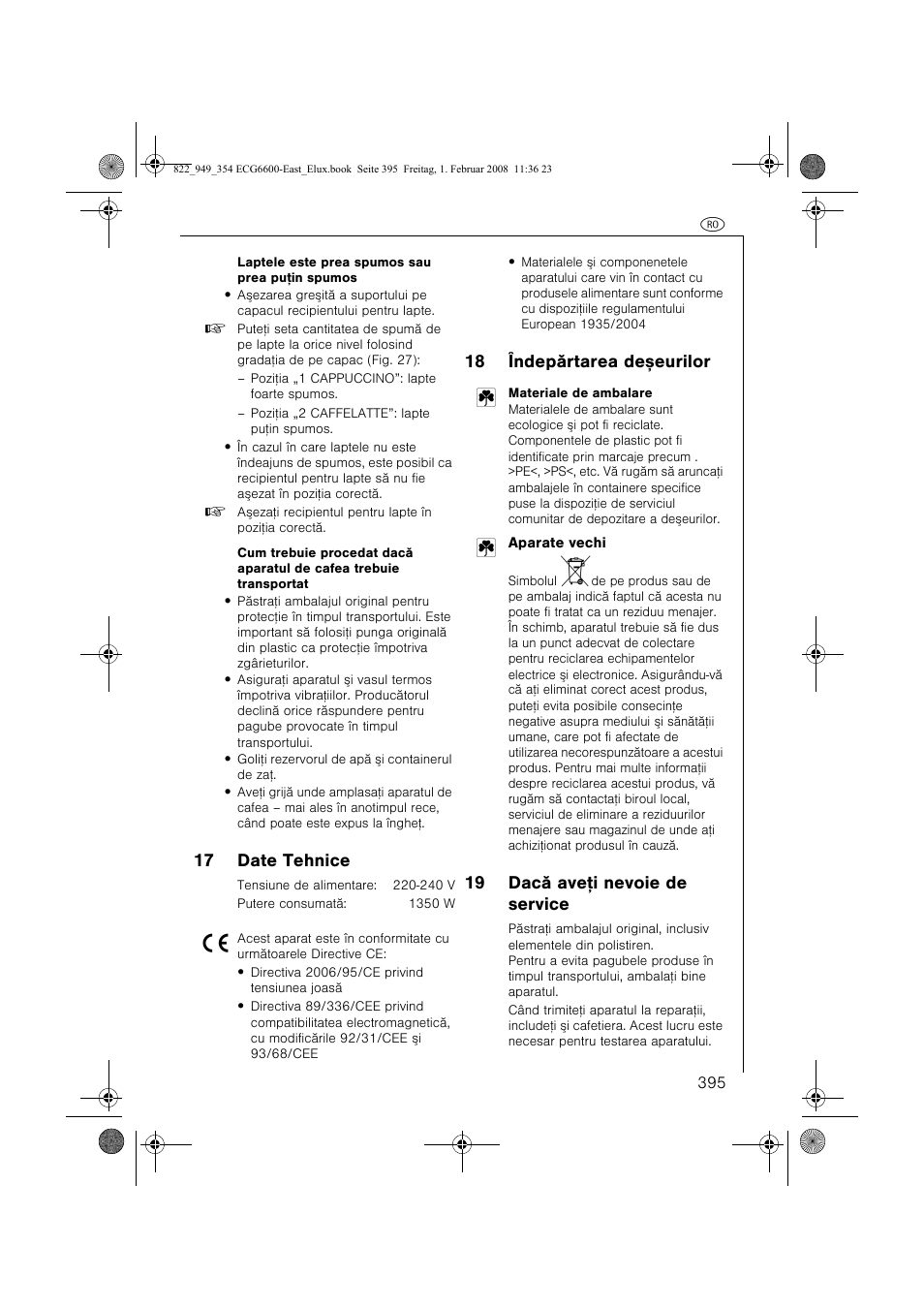 17 date tehnice, 18 îndepãrtarea deºeurilor 2, 19 dacã aveþi nevoie de service | Electrolux ECG6600 User Manual | Page 395 / 616