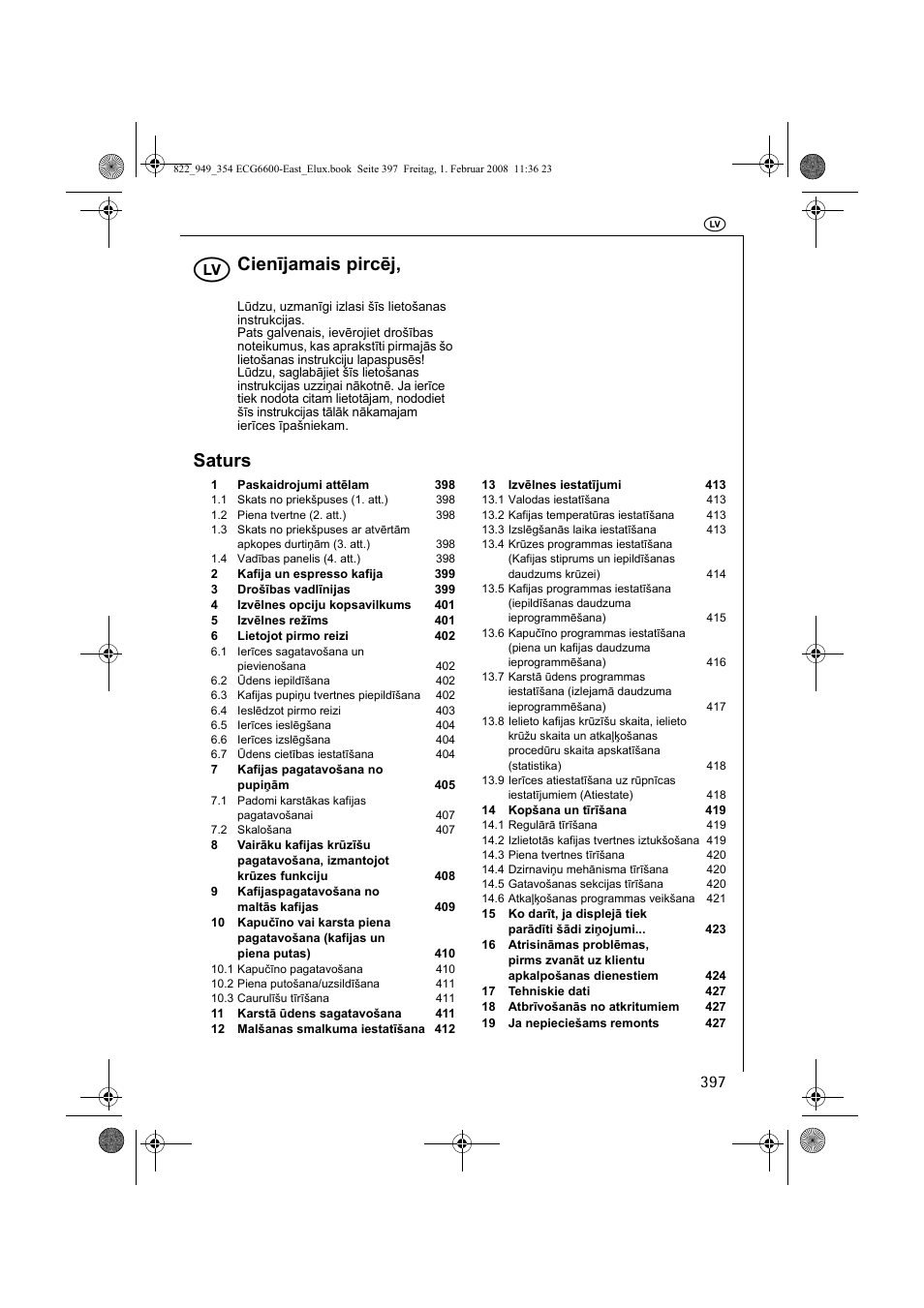 Cienījamais pircēj, Saturs | Electrolux ECG6600 User Manual | Page 397 / 616