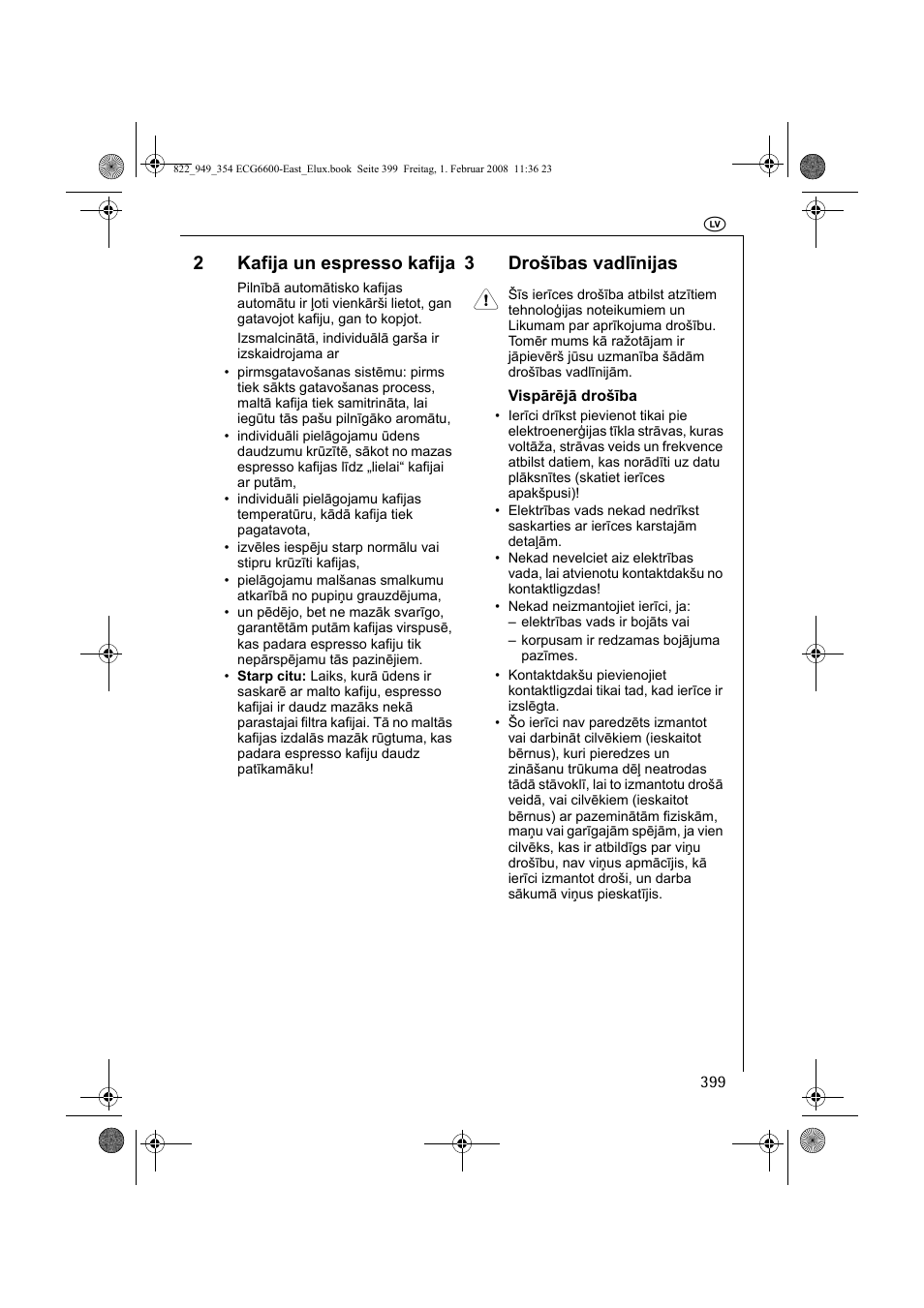 2kafija un espresso kafija, 3drošības vadlīnijas 1 | Electrolux ECG6600 User Manual | Page 399 / 616