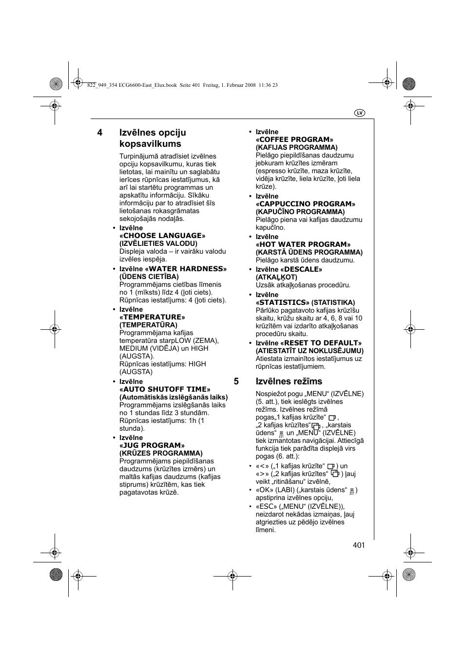 4izvēlnes opciju kopsavilkums, 5izvēlnes režīms | Electrolux ECG6600 User Manual | Page 401 / 616