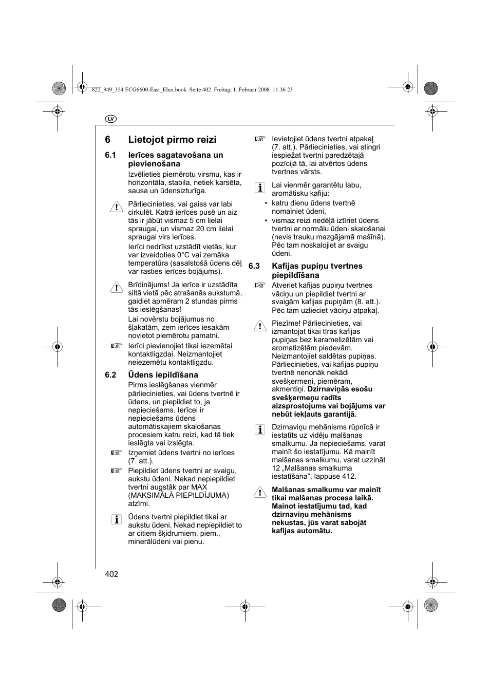 6lietojot pirmo reizi | Electrolux ECG6600 User Manual | Page 402 / 616