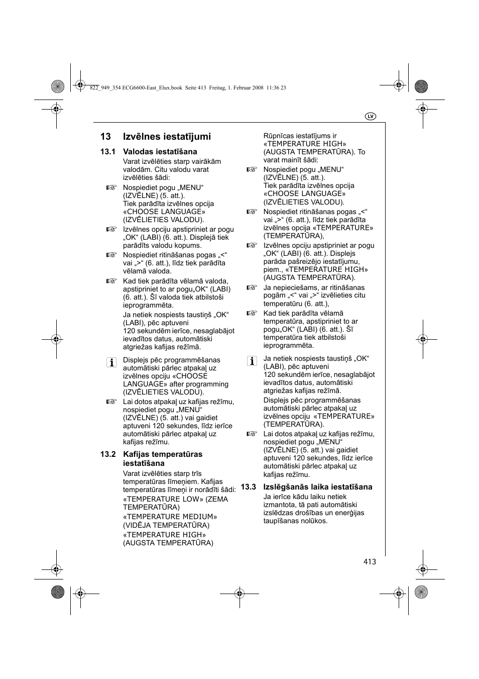 13 izvēlnes iestatījumi | Electrolux ECG6600 User Manual | Page 413 / 616