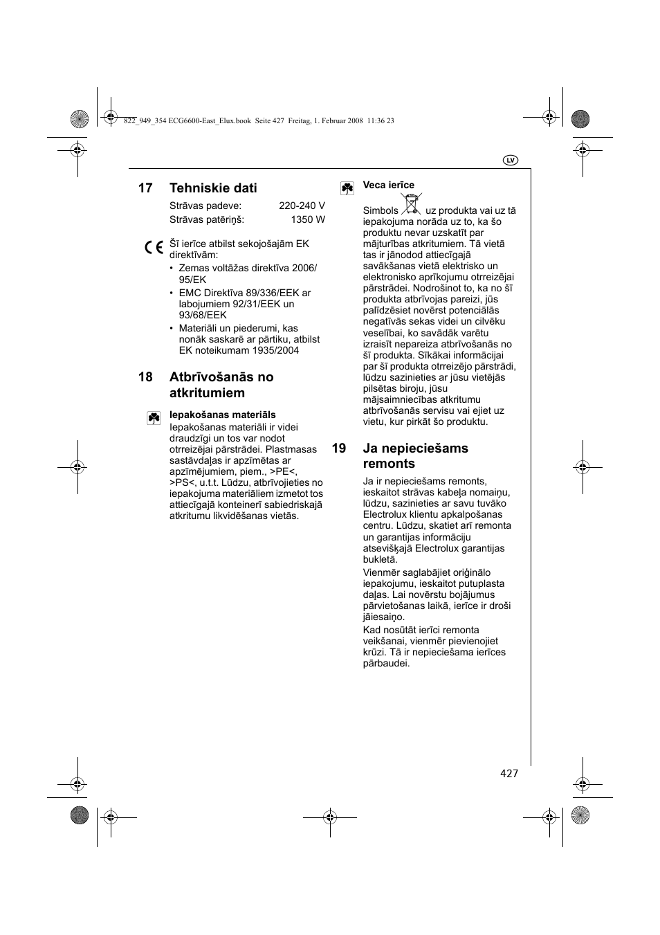 17 tehniskie dati, 18 atbrīvošanās no atkritumiem 2, 19 ja nepieciešams remonts | Electrolux ECG6600 User Manual | Page 427 / 616