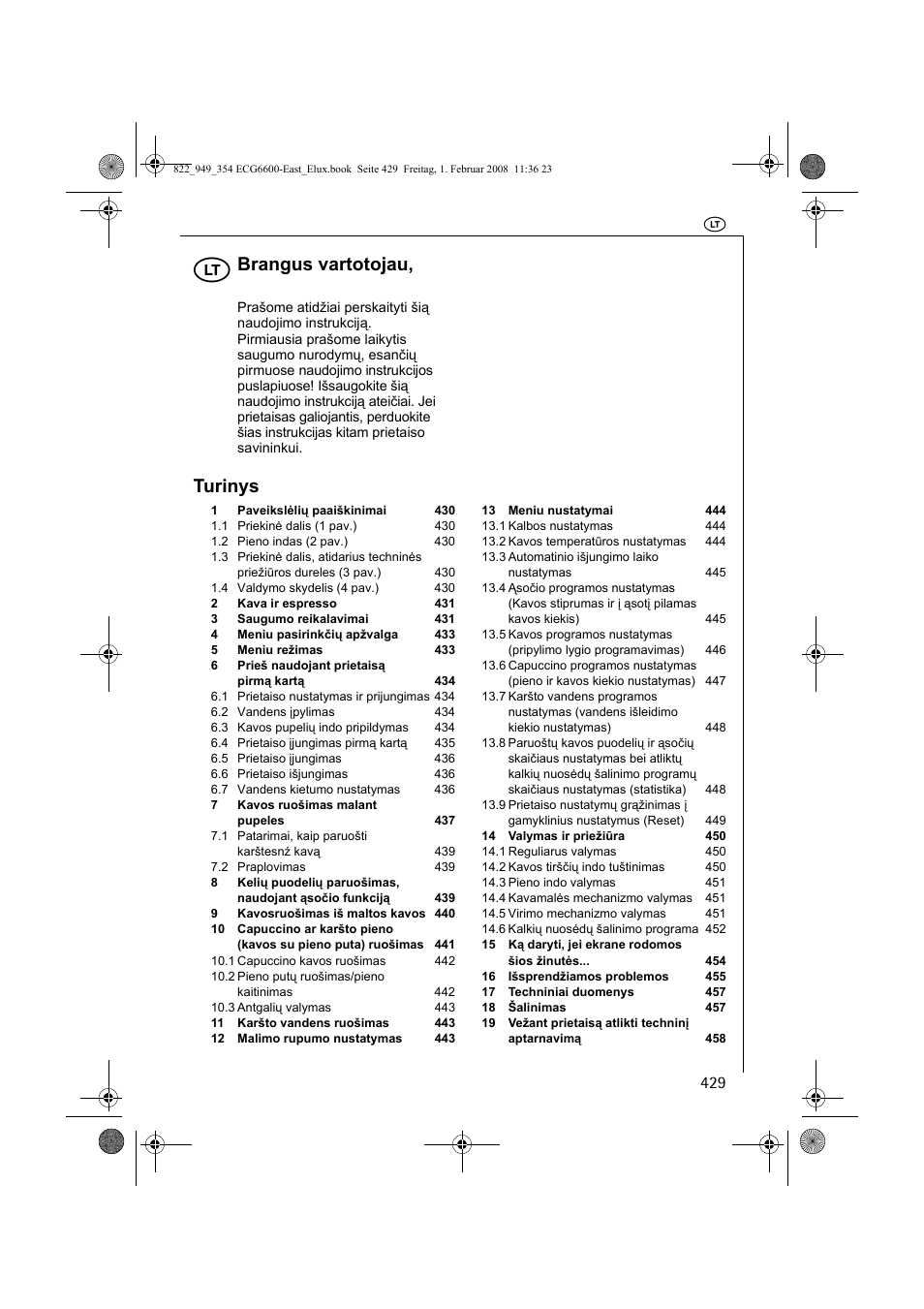 Brangus vartotojau, Turinys | Electrolux ECG6600 User Manual | Page 429 / 616