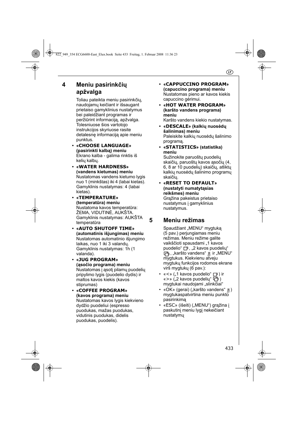 4meniu pasirinkčių apžvalga, 5meniu režimas | Electrolux ECG6600 User Manual | Page 433 / 616