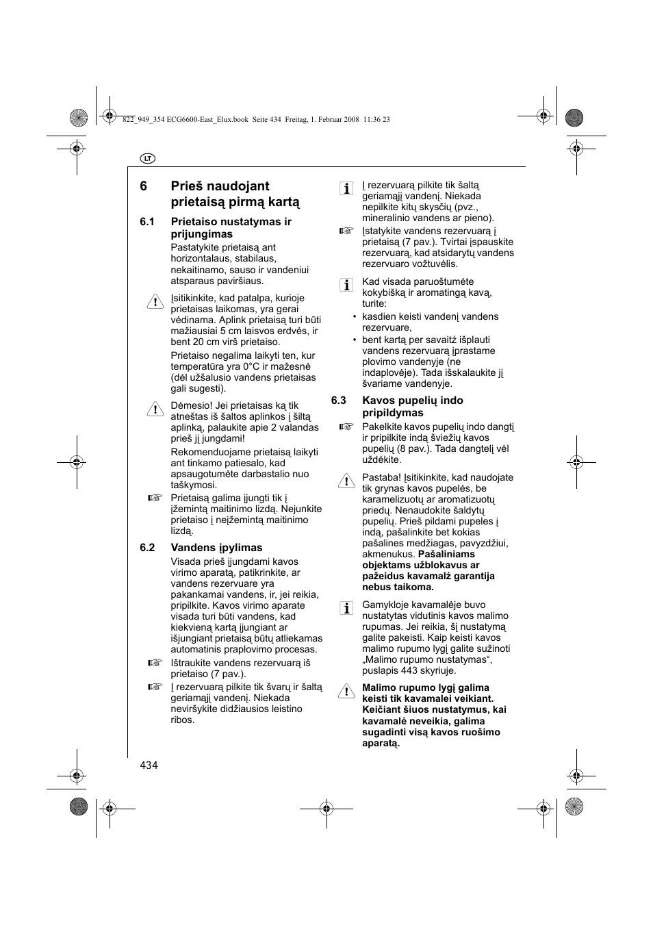 6prieš naudojant prietaisą pirmą kartą | Electrolux ECG6600 User Manual | Page 434 / 616